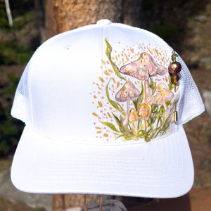 Hand Painted Trucker Hat - "Mushrooms" with Vintage Bead Hat Pin