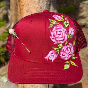 Hand Painted Trucker Hat - "Red Roses" with Vintage Bead Hat Pin