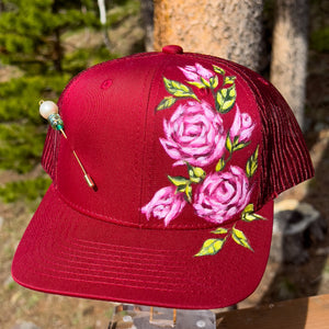 Hand Painted Trucker Hat - "Red Roses" with Vintage Bead Hat Pin
