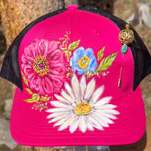Hand Painted Trucker Hat - "Hot Pink & Black "Daisy Florals" with Vintage Bead Hat Pin