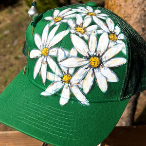 Hand Painted Trucker Hat - "Green Daisy" with Vintage Bead Hat Pin