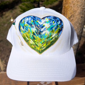 Hand Painted Trucker Hat - "White Abstract Heart" with Vintage Bead Hat Pin