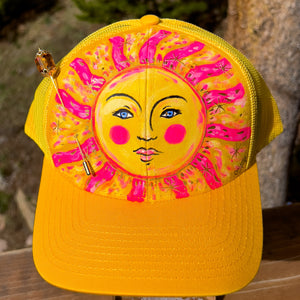 Hand Painted Trucker Hat - "Yellow Sunshine" with Vintage Bead Hat Pin