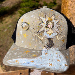 Hand Painted Trucker Hat - "Fairy God Mother" with Vintage Bead Hat Pin
