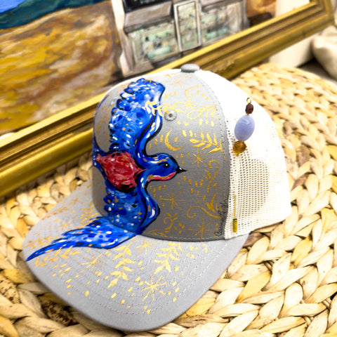 "Happy Bluebird" Hand Painted Trucker Hat with Vintage Bead Hat Pin