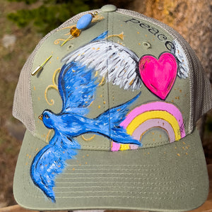 Hand Painted Trucker Hat - "Bluebird, Rainbow & Heart" with Vintage Bead Hat Pin