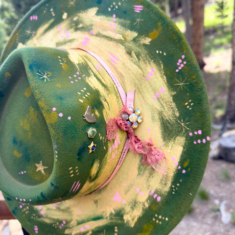 "Green Elemental"  "Deep Dyed" Vegan Felt Hat with Vintage Boy Scout Pins