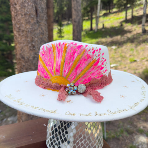 "Sunshine" Cream Vegan Felt Hat with Vintage Lace and Rhinestones