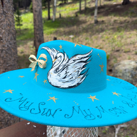 "My Moon and Stars" Swan Turquoise Vegan Felt Hat with Vintage Gold Bow Pin