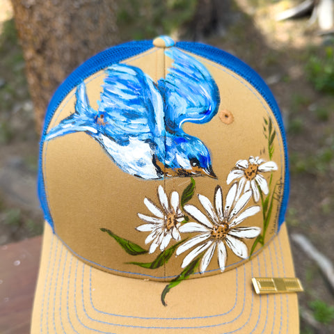 "Bluebird with Daisies" Hand Painted Trucker Hat with Vintage Tie Bar