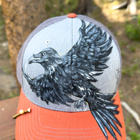 "Raven" Hand Painted Trucker Hat with Vintage Pearl Tie Bar