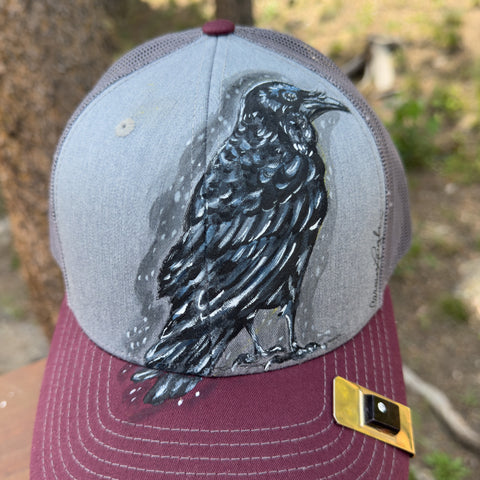 "Nevermore Raven" Hand Painted Trucker Hat with Vintage Black Tie Bar