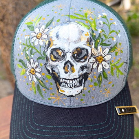 "Home with You"  Skull Hand Painted Trucker Hat with Vintage Tie Bar