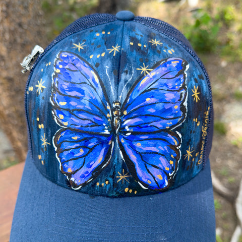 "Dark Morpho" Hand Painted Trucker Hat with Vintage Rhinestone Pin