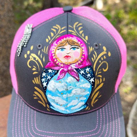 "Clouds and Stars Nesting Doll" Hand Painted Trucker Hat with Vintage Rhinestone Pin