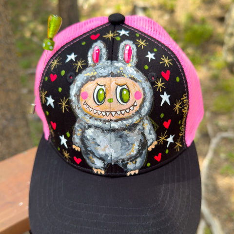 "Goofy LaBooBoo" Hand Painted Trucker Hat with Vintage Bow Pin