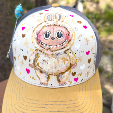 "Cream LaBooBoo" Hand Painted Trucker Hat with Vintage Bead Pin