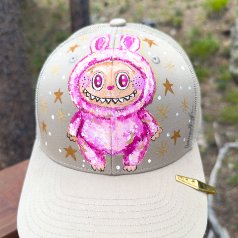 "Pink LaBooBoo" Hand Painted Trucker Hat with Vintage Tie Bar