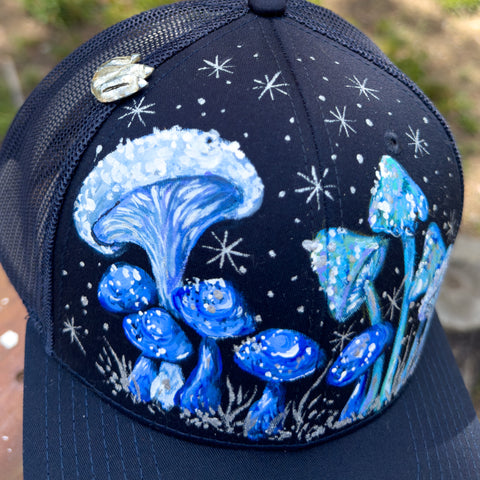 "Blue Mushroom" Hand Painted Trucker Hat with Vintage Silver Pin