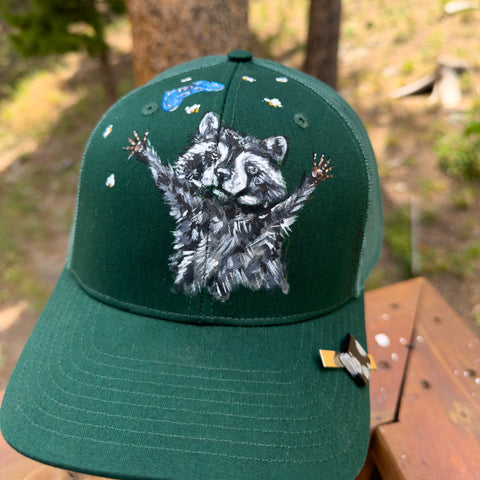 "Raccoon Life" Dark Green Hand Painted Trucker Hat with Vintage Black Stone TieBar