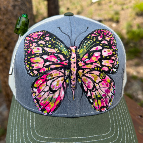 "Green Butterfly" Hand Painted Trucker Hat with Vintage Bead Hat Pin