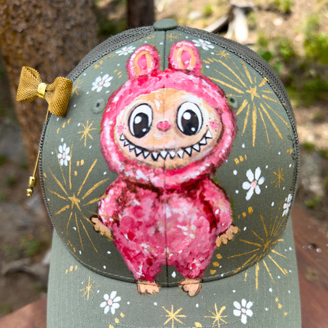 "Gray LaBooBoo" Hand Painted Trucker Hat with Vintage Green Bead Pin