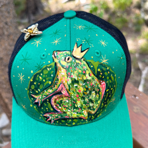 "Frog Prince" Green/Black Hand Painted Trucker Hat with Vintage Rhinestone Pin