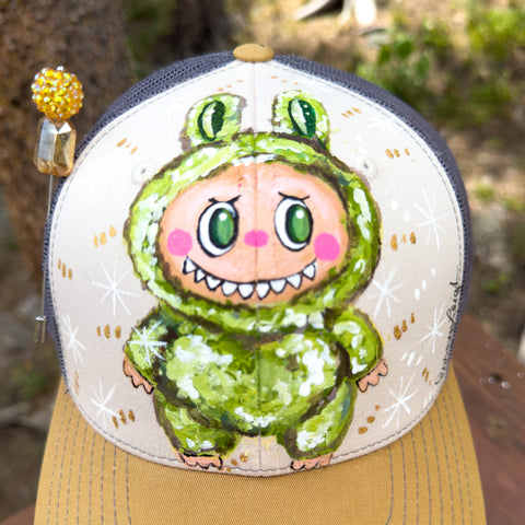 "Green LaBooBoo" Hand Painted Trucker Hat with Vintage Bead Pin