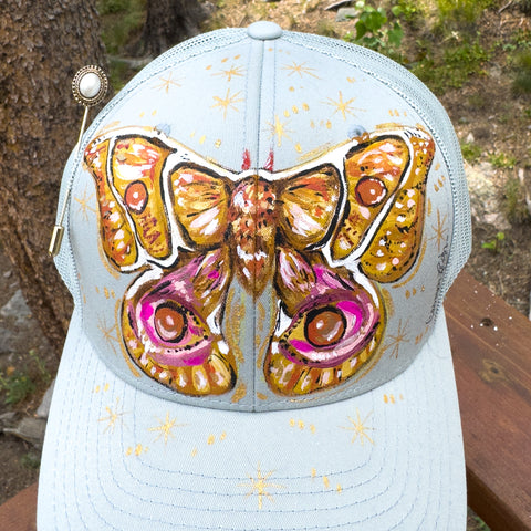 "Golden Moth" Hand Painted trucker Hat with Vintage Pearl Stick Pin