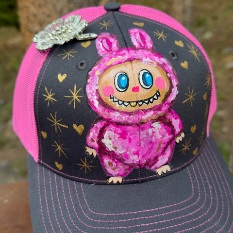 "Sparkle LaBooBoo" Hand Painted Trucker Hat with Vintage Rhinestone Flower Pin