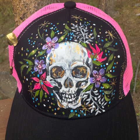 "Pink Floral Skull" Hand Painted Trucker Hat with Vintage Stick Pin