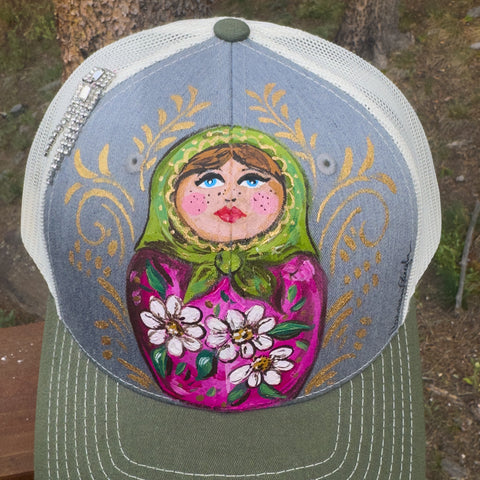"Nesting Doll" Hand Painted Trucker Hat with Vintage Rhinestone Pin