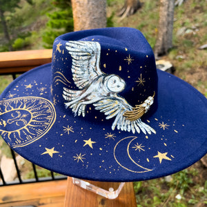 "Mystic Celestial Owl” Dark Blue Vegan Felt Hand Painted Hat