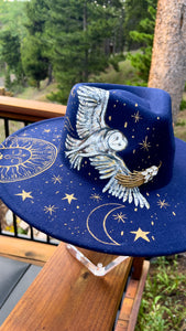 "Mystic Celestial Owl” Dark Blue Vegan Felt Hand Painted Hat