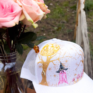 Hand Painted Trucker Hat - "Pink-a-Boo" Ghost Witch & Pink Mushroom