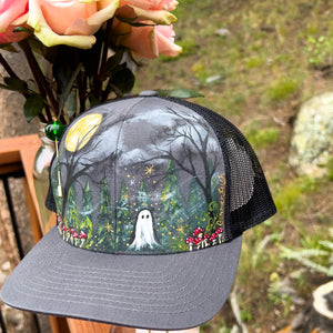 "Sparkle the Ghost with a Full Moon" Hand Painted Trucker Hatwith Vintage Green Bead Hat Pin