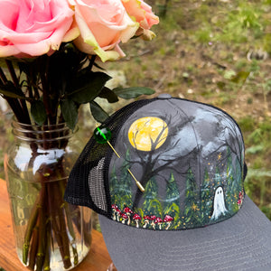 "Sparkle the Ghost with a Full Moon" Hand Painted Trucker Hatwith Vintage Green Bead Hat Pin