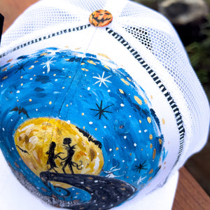 Hand Painted Trucker Hat - "Nightmare Before Christma " with Vintage #13 Domino Hat Pin
