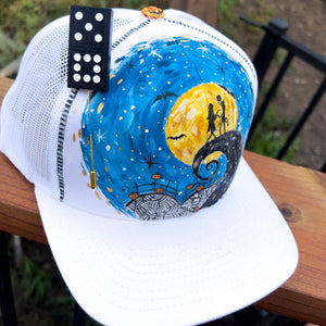 Hand Painted Trucker Hat - "Nightmare Before Christma " with Vintage #13 Domino Hat Pin