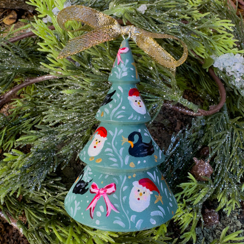 "Santa, Bows and Swans" Wood Tree Christmas Ornament