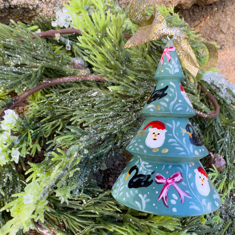 "Santa, Bows and Swans" Wood Tree Christmas Ornament