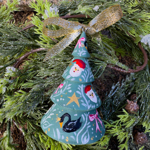 "Santa, Bows and Swans" Wood Tree Christmas Ornament