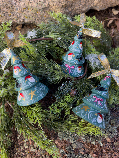 "Santa, Bows and Swans" Wood Tree Christmas Ornament