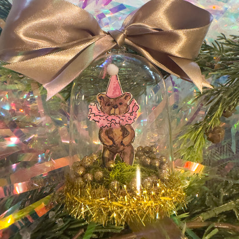 "Circus Bear with Pink Hat" Snow Globe Christmas Ornament