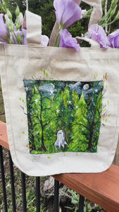 Spooky Little Ghostie in a Magic Forest at Night painted on a canvas tote.