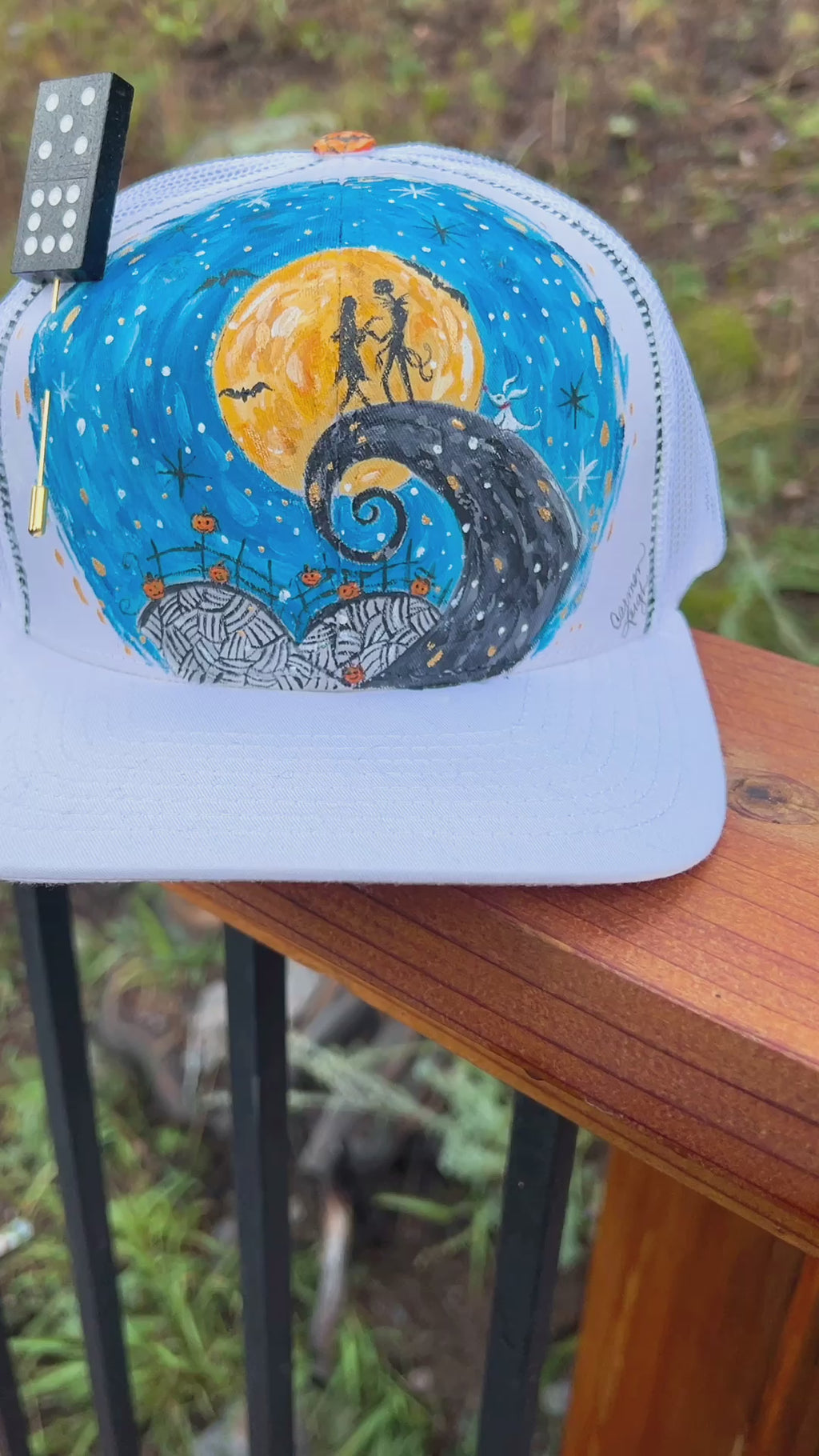 Inspired by The Nightmare Before Christmas and all things Burton!  Hand Painted Trucker Hat with a Vintage #13 domino hat pin