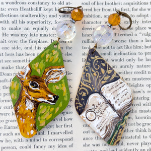 "Once Upon a Time Book & Deer" Hand Painted Art Earrings