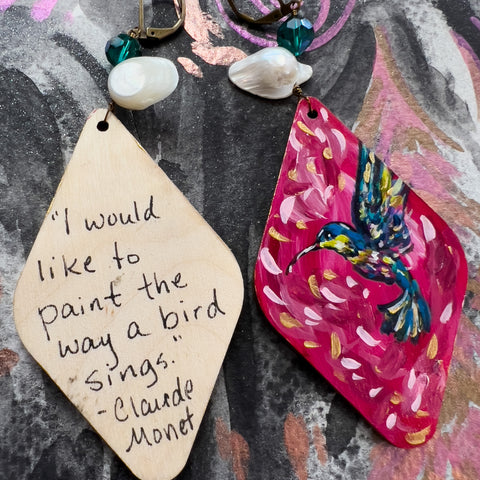 Fairytale Hummingbird Hand Painted Art Earrings